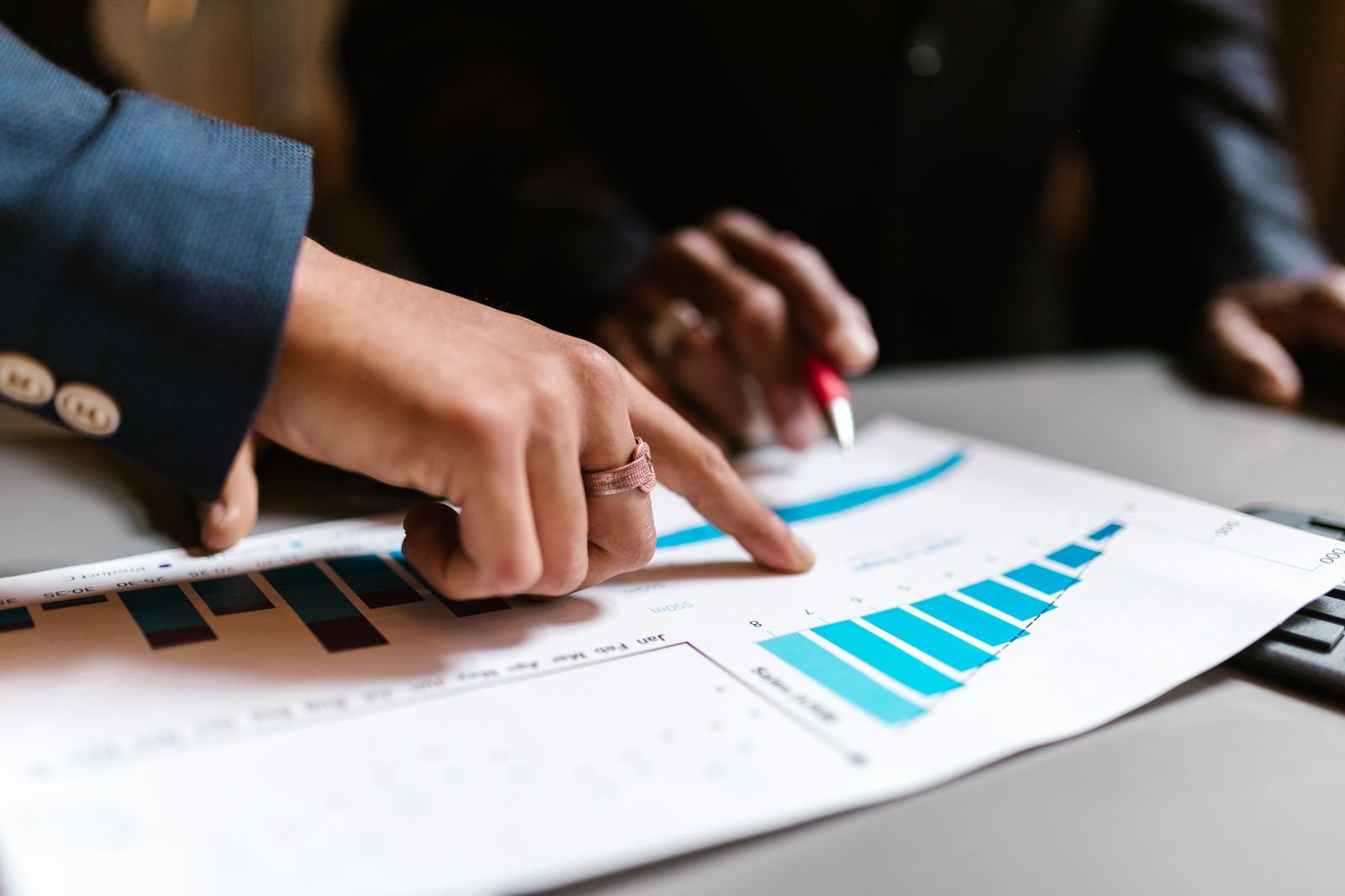 Marketing team reviewing ad conversion charts and results