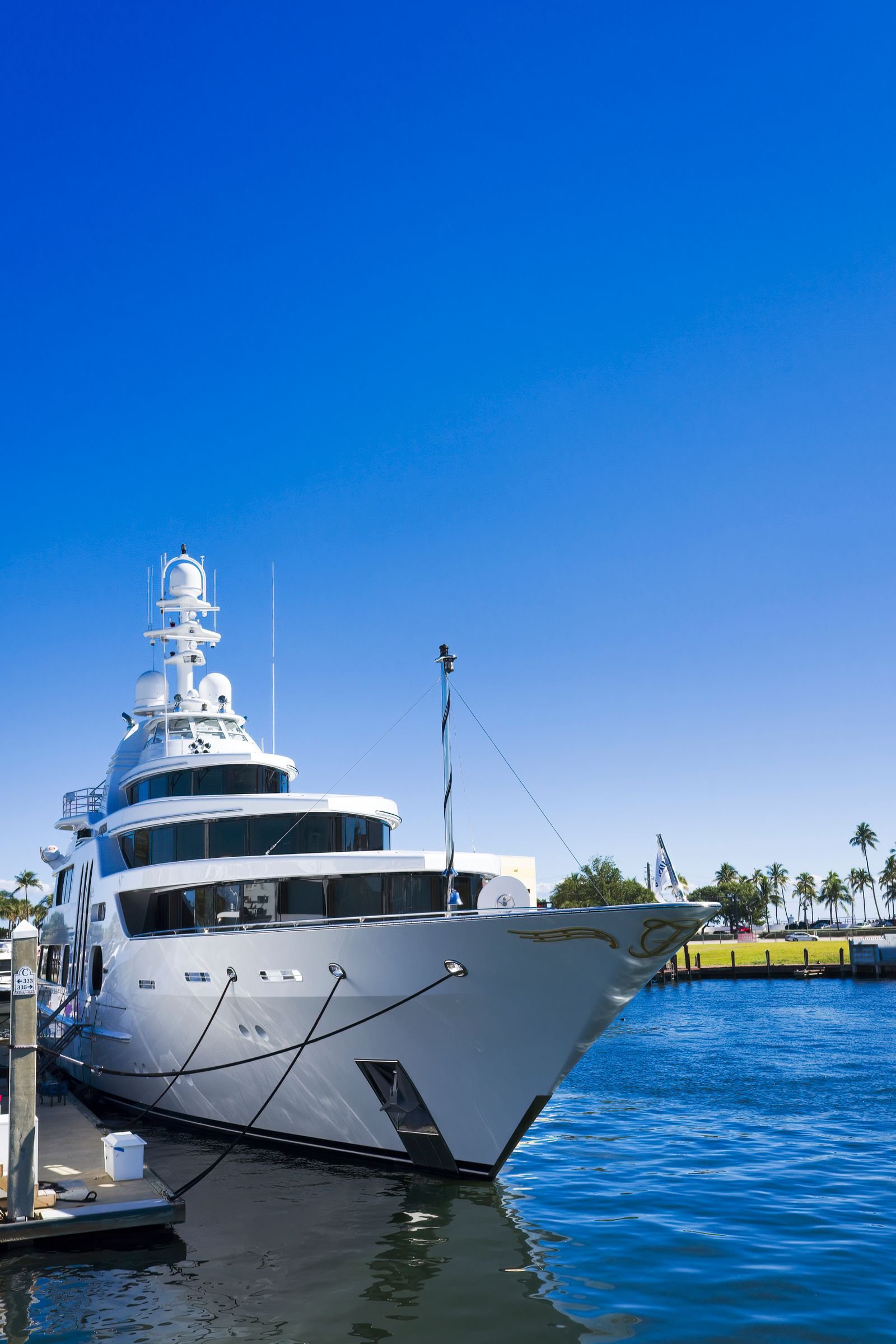 Yacht docked in a Fort Lauderdale Florida marina near watersport rental businesses
