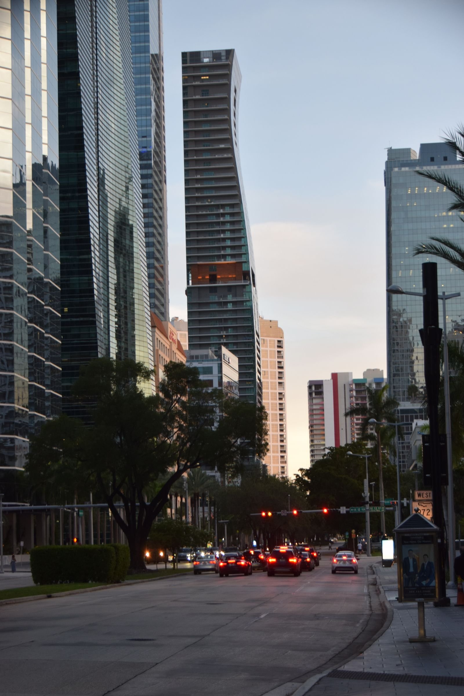 Downtown Miami Florida skyscrapers at twilight near finance and international business offices